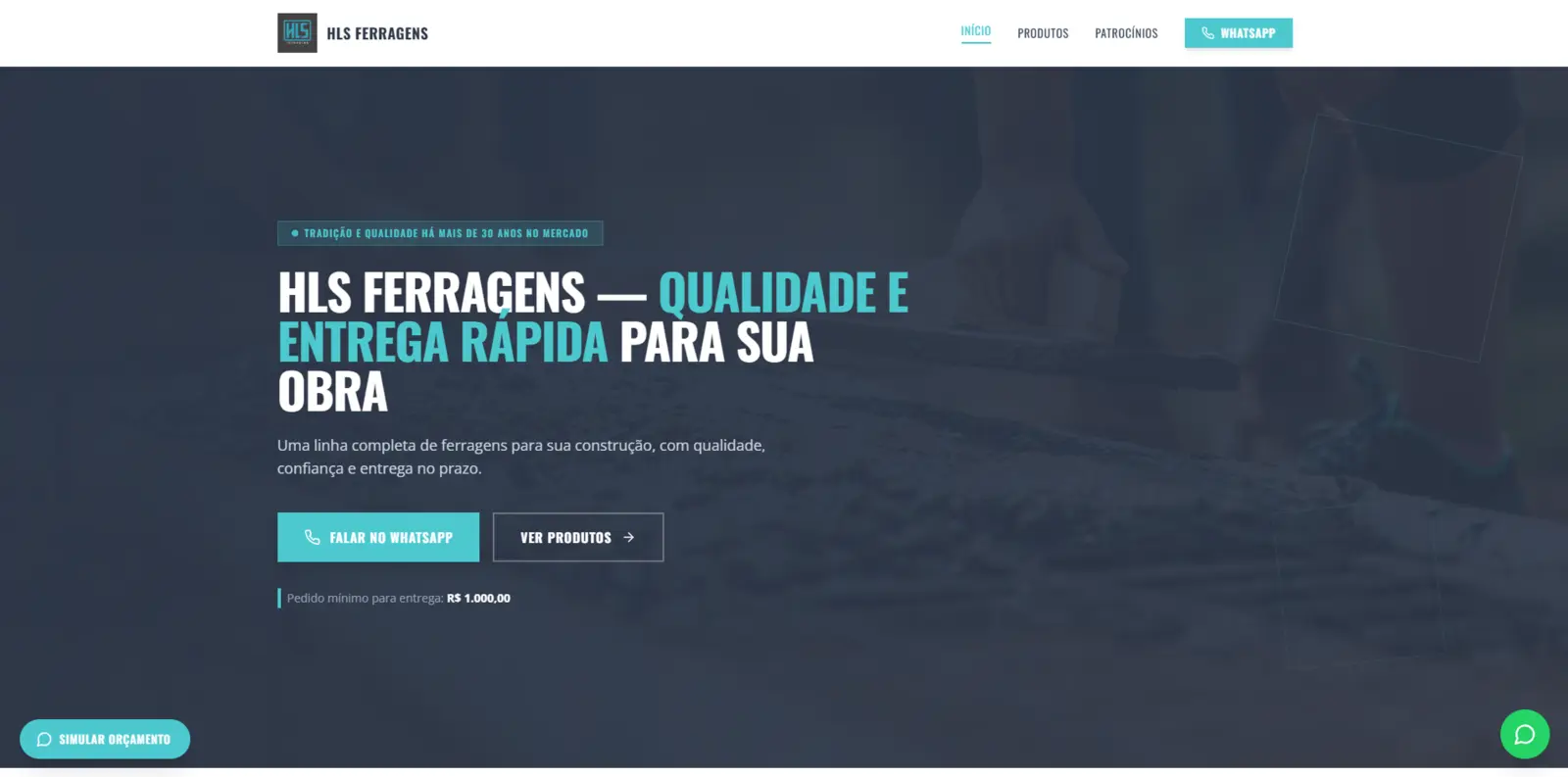 Screenshot do website HLS Ferragens desenvolvido pela Lumynix